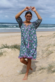 Model Genericm wearing size sample of the Sao Paulo Cotton Dress – Sweetpea in colour Sweetpea, from the front