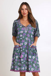 Model Madelinec wearing size 10 of the Sao Paulo Cotton Dress – Sweetpea in colour Sweetpea, in a cropped view