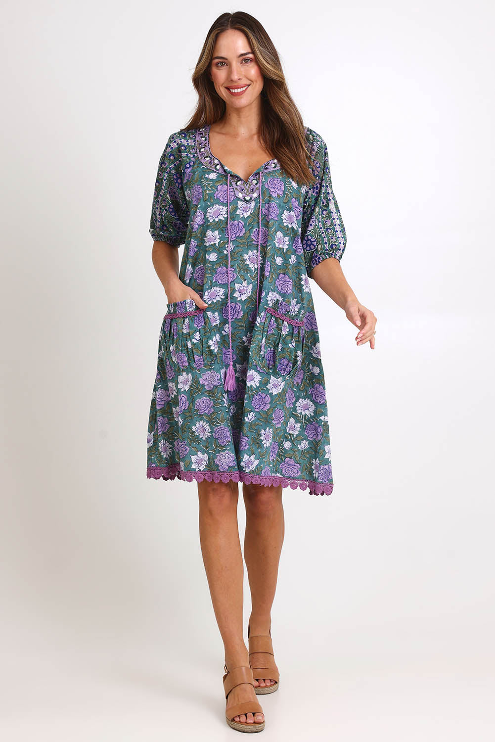 Model Madelinec wearing size 10 of the Sao Paulo Cotton Dress – Sweetpea in colour Sweetpea, from the front
