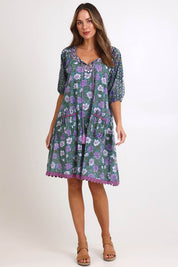 Model Madelinec wearing size 10 of the Sao Paulo Cotton Dress – Sweetpea in colour Sweetpea, from the front