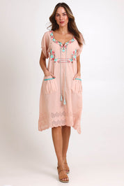 Model Madelinec wearing size 10 of the Sao Paulo Cotton Dress – Amazon in colour Amazon, from the front