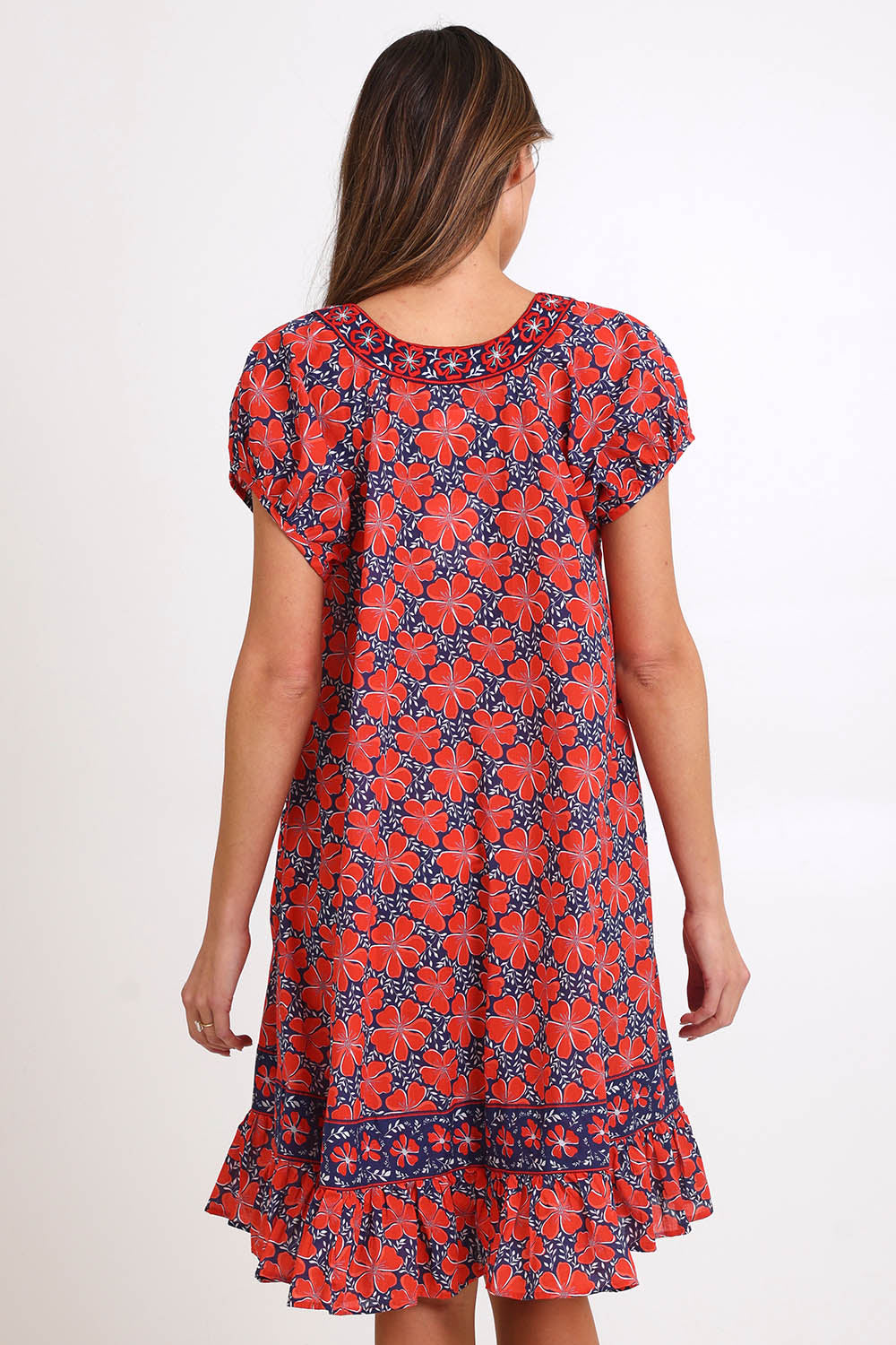 Model Madelinec wearing size 10 of the Sao Paulo Cotton Dress – Daisynavy in colour Daisynavy, from the back