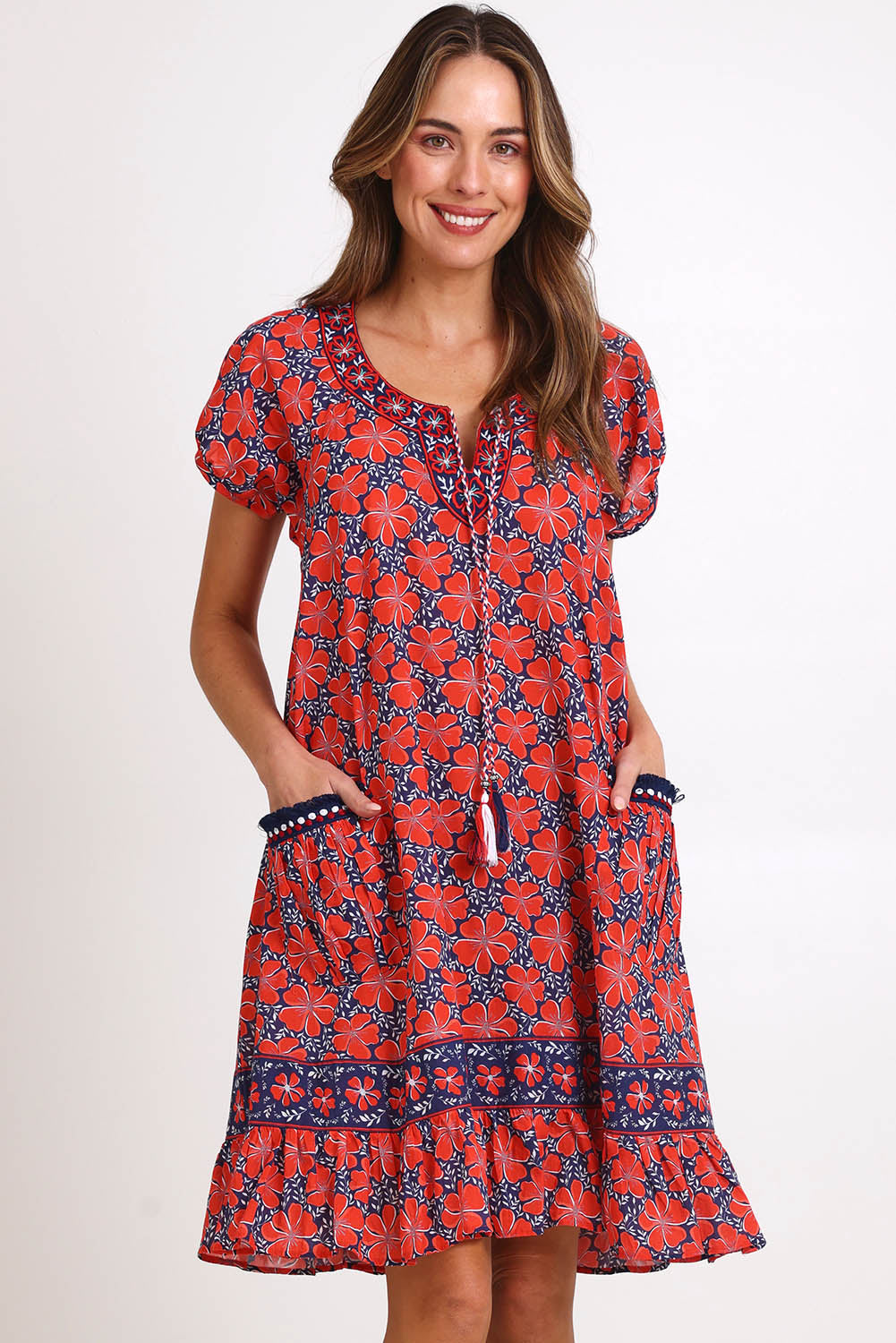Model Madelinec wearing size 10 of the Sao Paulo Cotton Dress – Daisynavy in colour Daisynavy, in a cropped view