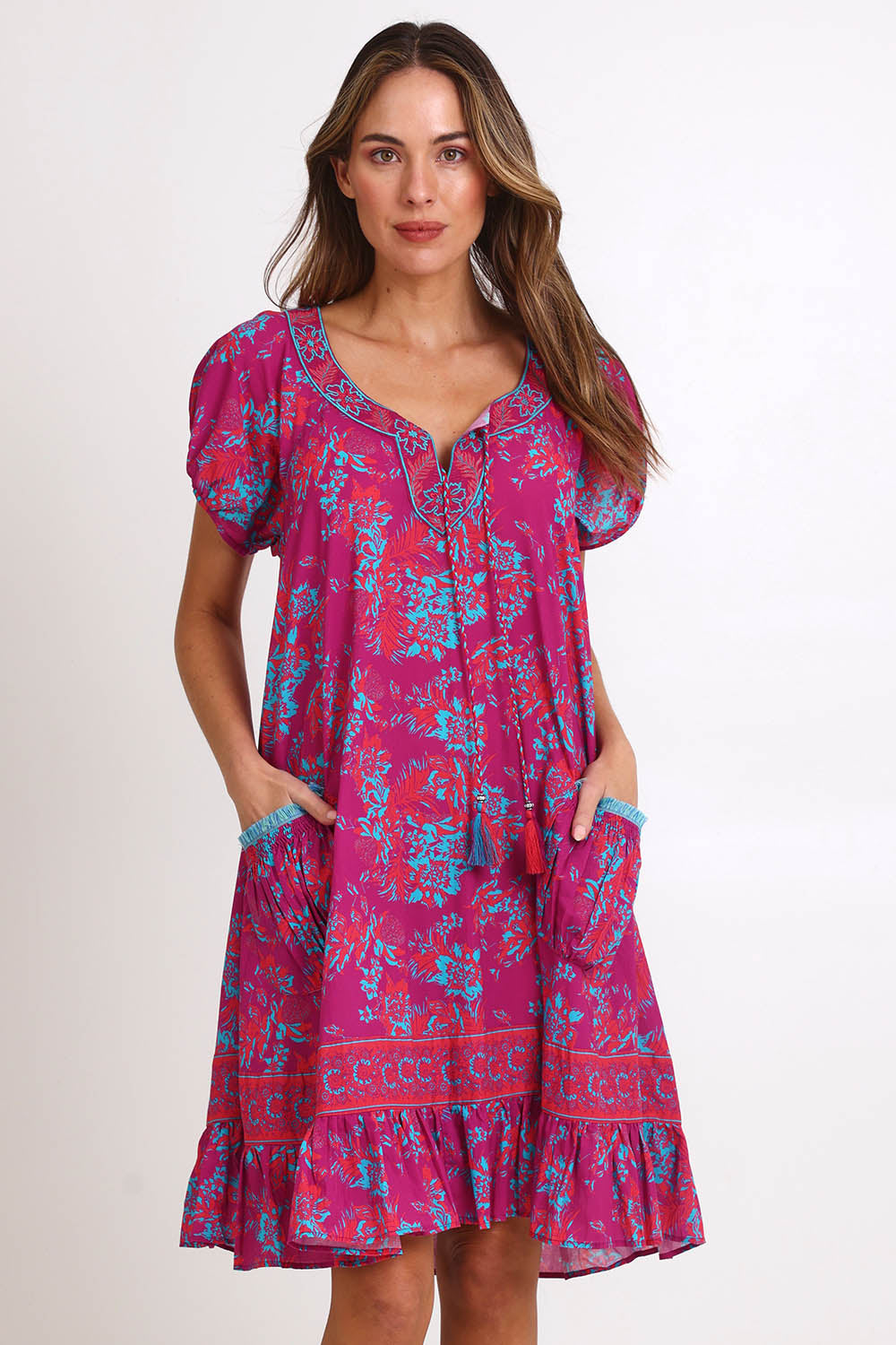 Model Madelinec wearing size 10 of the Sao Paulo Cotton Dress – Jasminepink in colour Jasminepink, in a cropped view