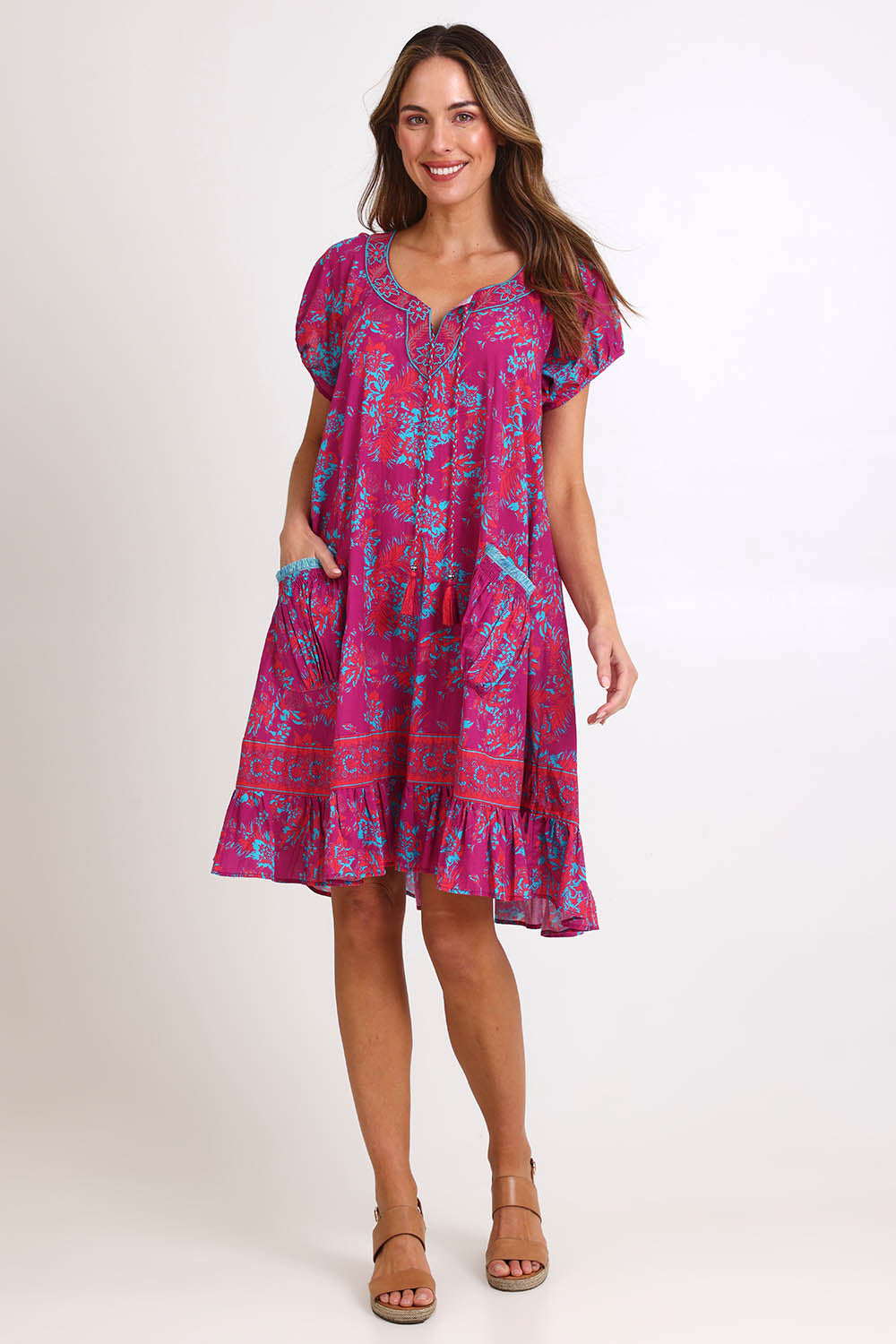 Model Madelinec wearing size 10 of the Sao Paulo Cotton Dress – Jasminepink in colour Jasminepink, from the front