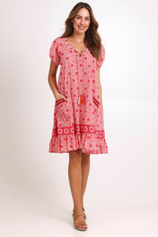 Model Madelinec wearing size 10 of the Sao Paulo Cotton Dress – Jasminewhite in colour Jasminewhite, from the front