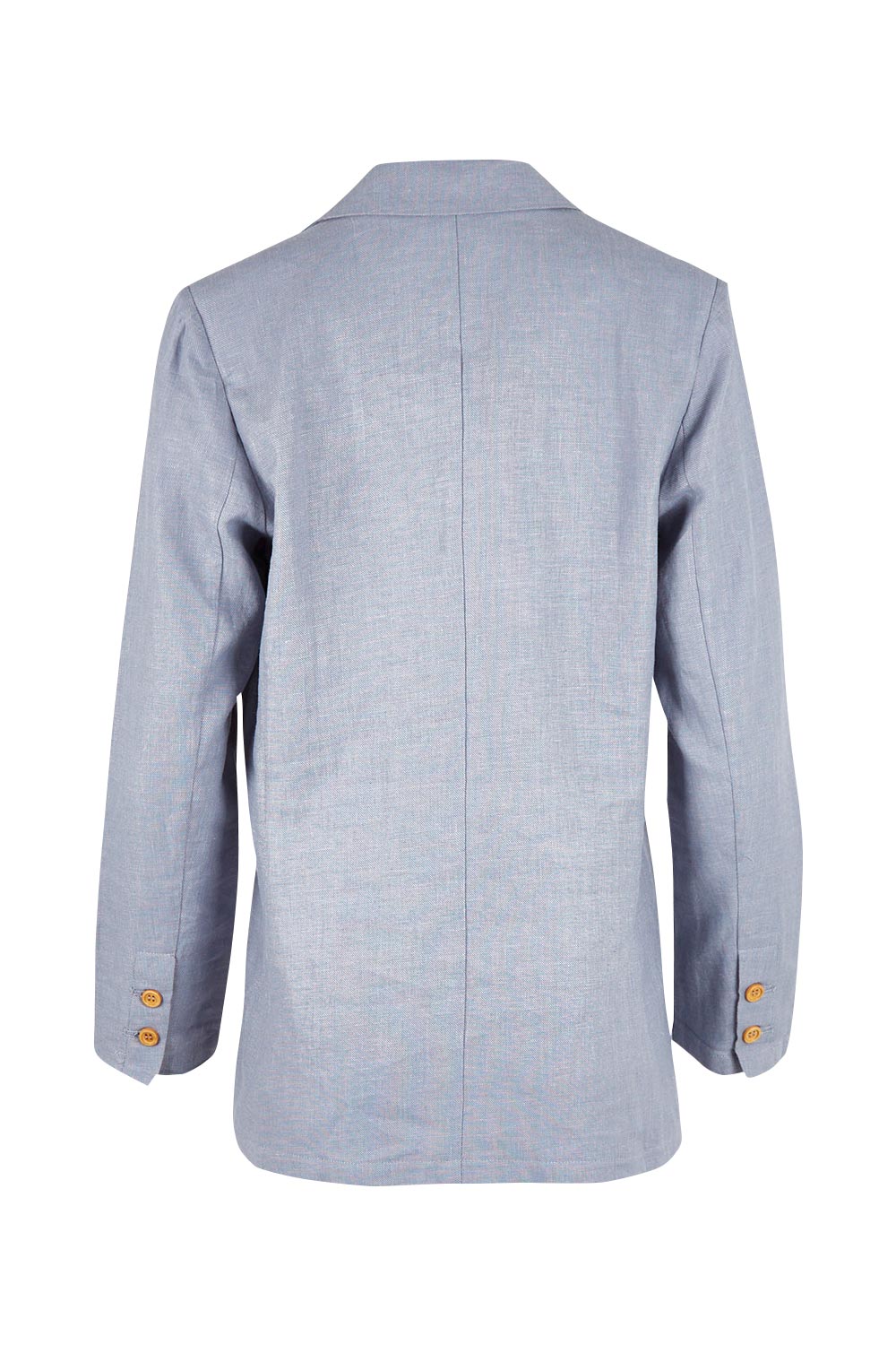 Product shot of the Cotton Linen Longline Blazer in colour Chambray (Blue), from the back