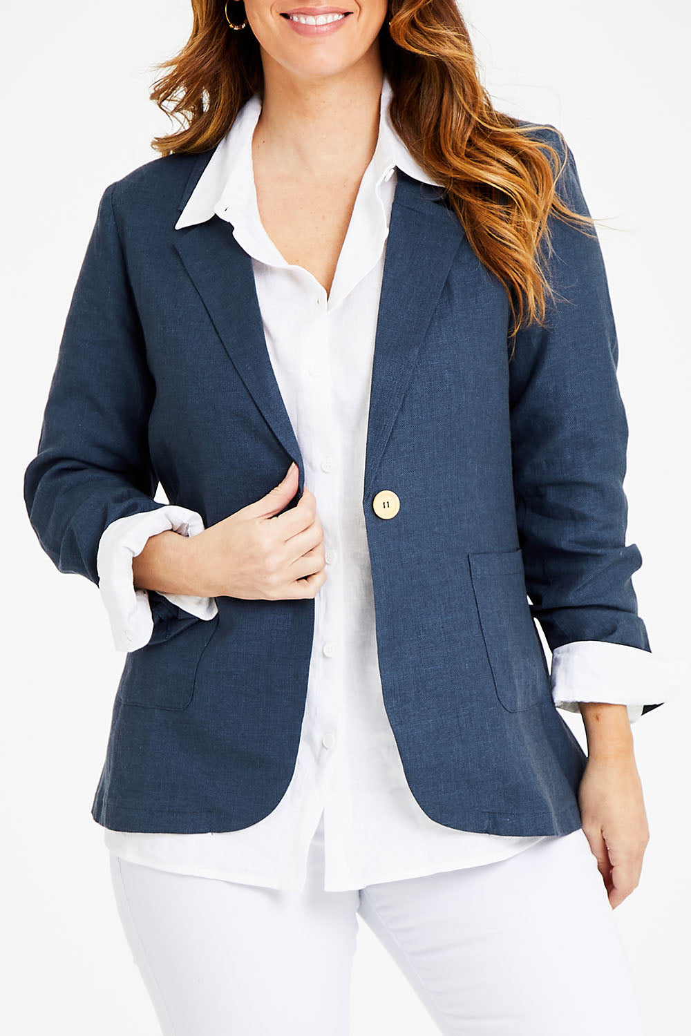 Model Laura wearing size 14 of the Cotton Linen Longline Blazer in colour Deepocean (Blue), from the front, cropped image