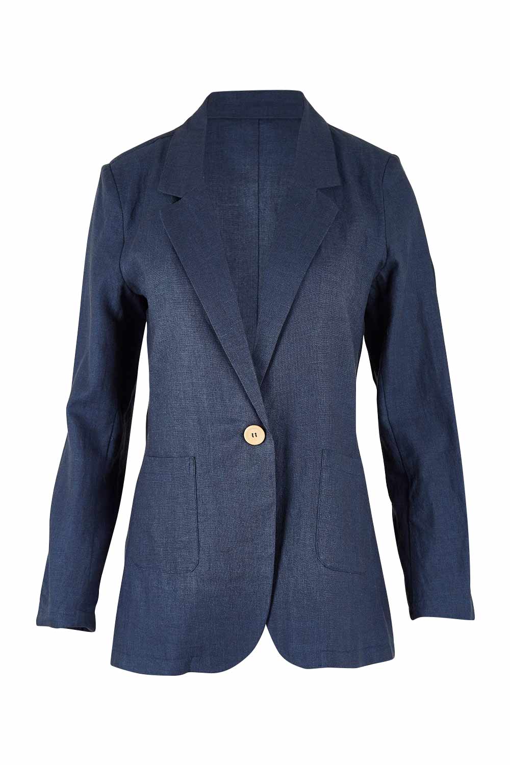Product shot of the Cotton Linen Longline Blazer in colour Deepocean (Blue), from the front