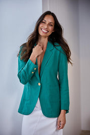 Model Amanda wearing size 10 of the Cotton Linen Longline Blazer in colour Green (Green), from the front, showing the whole outfit