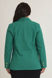 Model Ashleigh wearing size 16 of the Cotton Linen Longline Blazer in colour Green (Green), from the back
