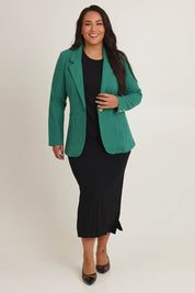 Model Ashleigh wearing size 16 of the Cotton Linen Longline Blazer in colour Green (Green), from the front, showing the whole outfit
