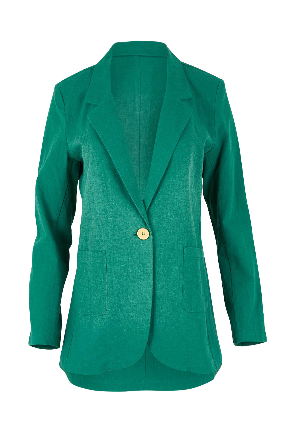 Product shot of the Cotton Linen Longline Blazer in colour Green (Green), from the front