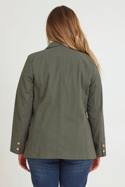 Model Chanel wearing size 16 of the Cotton Linen Longline Blazer in colour Khaki (Green), from the back