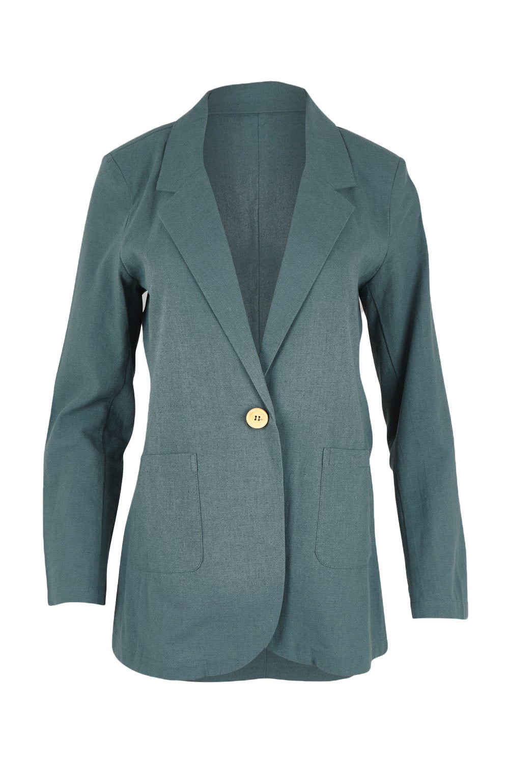 Product shot of the Cotton Linen Longline Blazer in colour Lagoon (Green), from the front