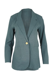 Product shot of the Cotton Linen Longline Blazer in colour Lagoon (Green), from the front