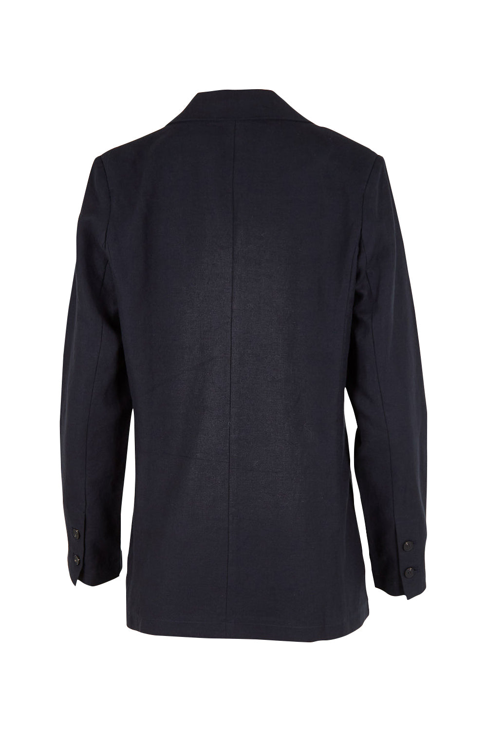 Product shot of the Cotton Linen Longline Blazer in colour Midnight (Black), from the back
