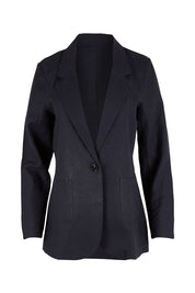 Product shot of the Cotton Linen Longline Blazer in colour Midnight (Black), from the front