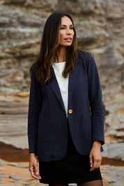 Model Amanda wearing size 10 of the Cotton Linen Longline Blazer in colour Navy (Blue), from the front, showing the whole outfit