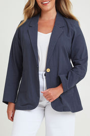 Model Chanel wearing size 16 of the Cotton Linen Longline Blazer in colour Navy (Blue), from the front, cropped image