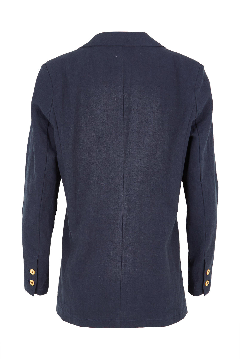 Product shot of the Cotton Linen Longline Blazer in colour Navy (Blue), from the back