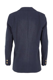 Product shot of the Cotton Linen Longline Blazer in colour Navy (Blue), from the back