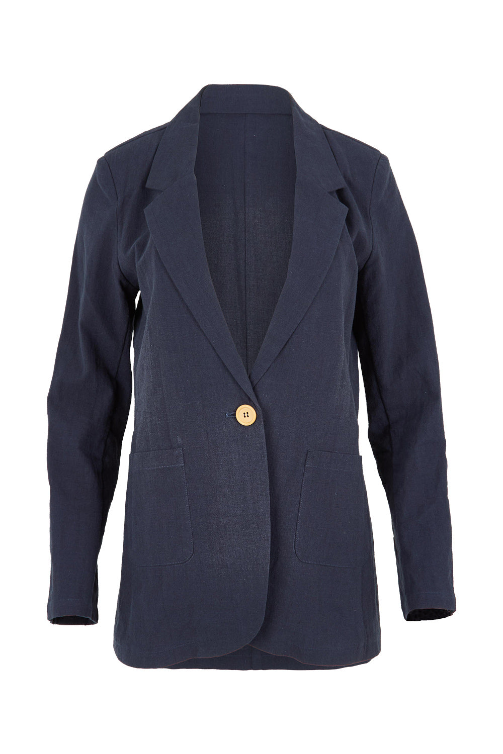 Product shot of the Cotton Linen Longline Blazer in colour Navy (Blue), from the front