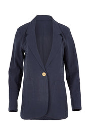 Product shot of the Cotton Linen Longline Blazer in colour Navy (Blue), from the front