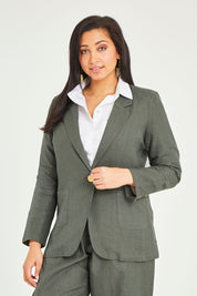 Model Terri-Leigh wearing size 14 of the Cotton Linen Longline Blazer in colour Olive (Green), from the front, cropped image