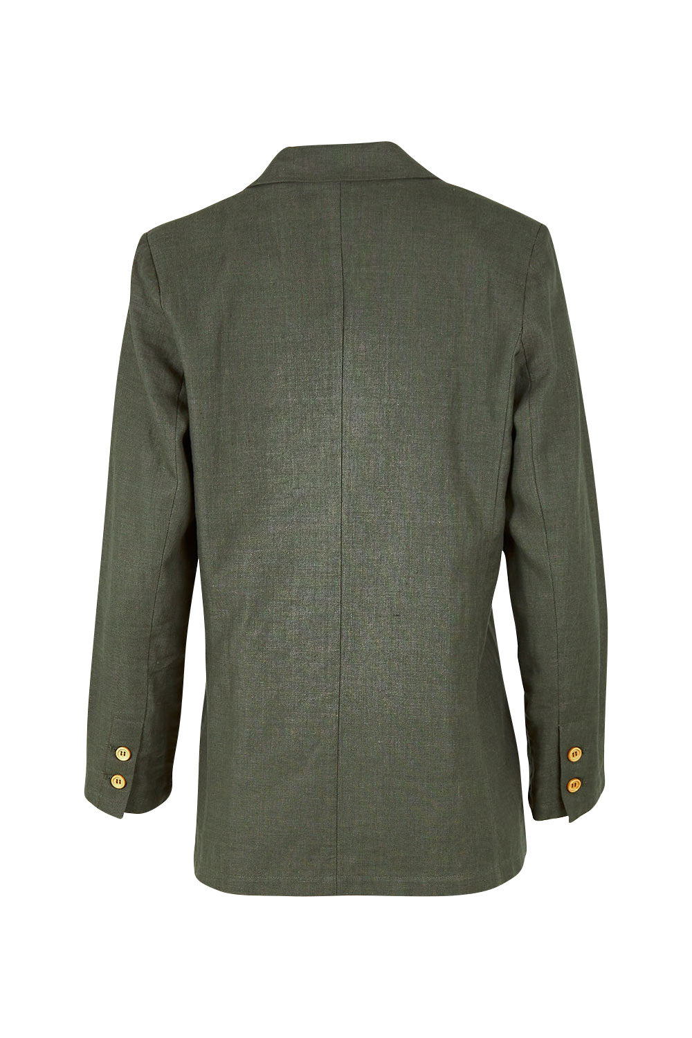 Product shot of the Cotton Linen Longline Blazer in colour Olive (Green), from the back