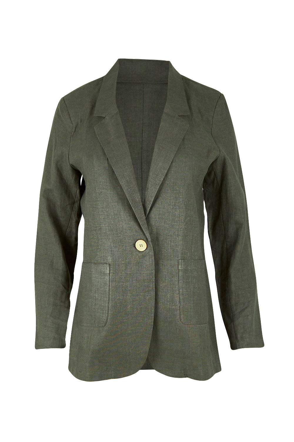 Product shot of the Cotton Linen Longline Blazer in colour Olive (Green), from the front