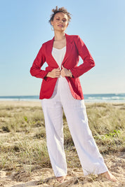 Model Lala wearing size 10 of the Cotton Linen Longline Blazer in colour Red (Red), from the front, showing the whole outfit