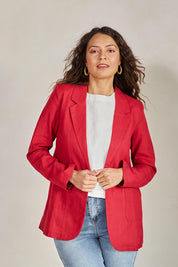 Model Tahneei wearing size 10 of the Cotton Linen Longline Blazer – Red in colour Red, in a cropped view