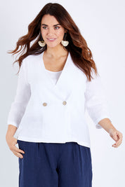 Model Laura wearing size 14 of the Linen 3/4 Sleeve Blazer in colour Meringue (White), from the front, cropped image