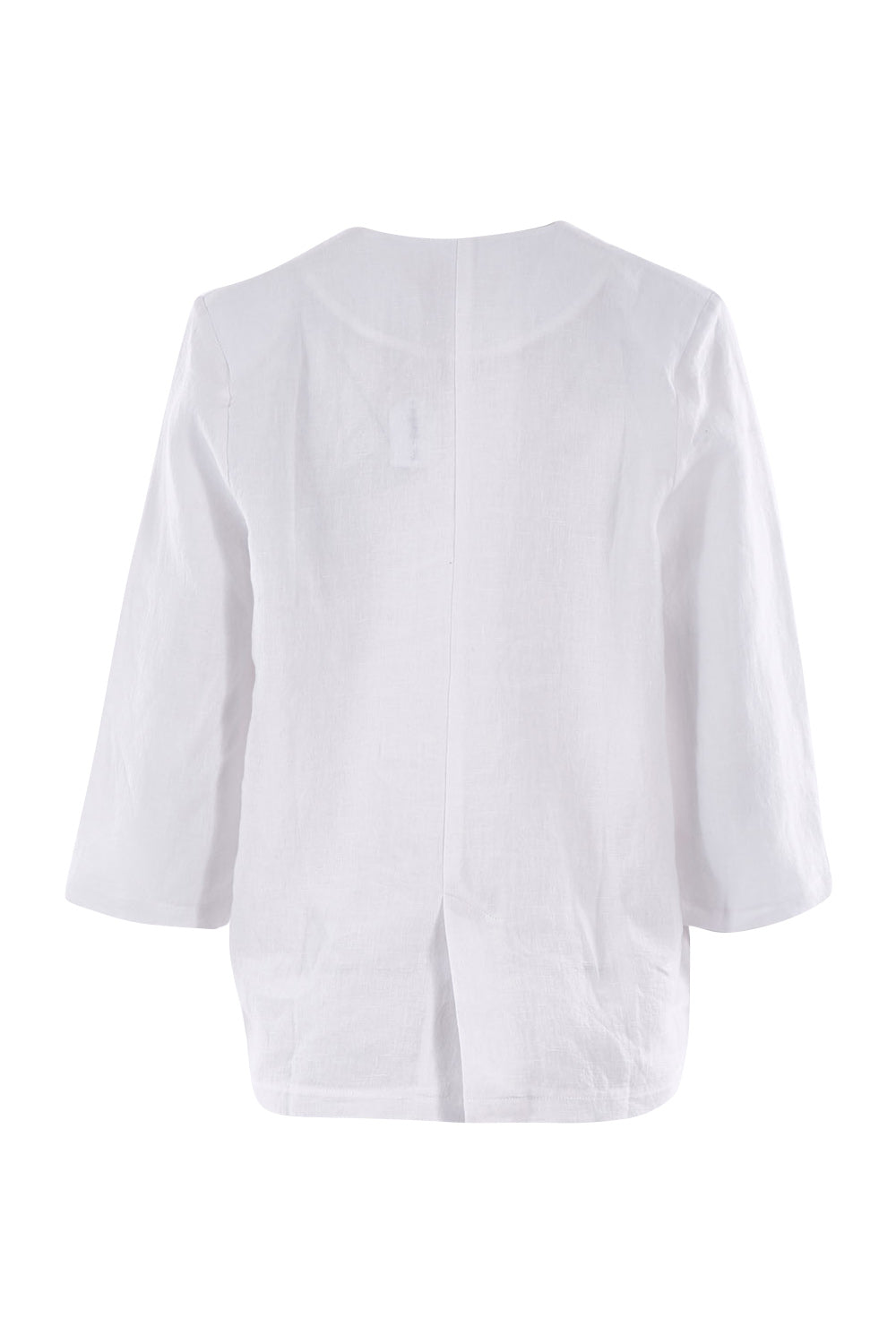Product shot of the Linen 3/4 Sleeve Blazer in colour Meringue (White), from the back