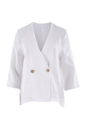 Product shot of the Linen 3/4 Sleeve Blazer in colour Meringue (White), from the front