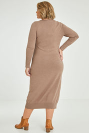 Model Fiona wearing size XL of the Cotton Cashmere Knit Dress in colour Timberwolf, from the back