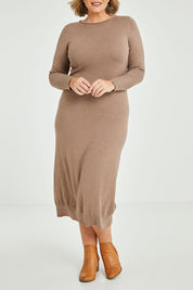Model Fiona wearing size XL of the Cotton Cashmere Knit Dress in colour Timberwolf, from the front, cropped image