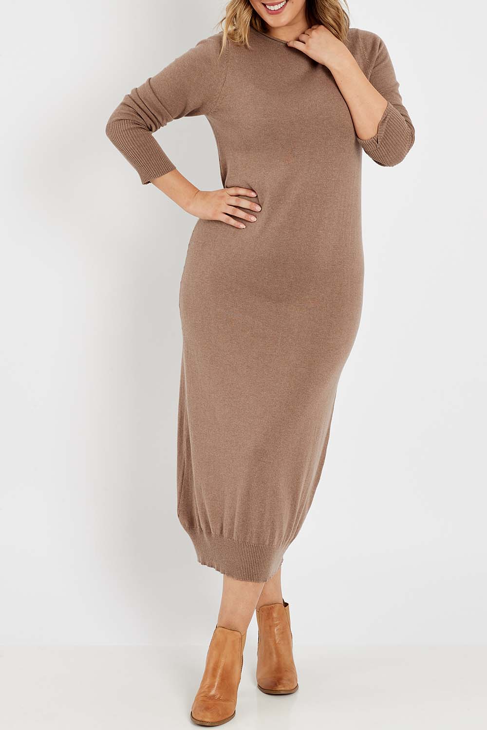 Model Jess wearing size L of the Cotton Cashmere Knit Dress in colour Timberwolf, from the front, cropped image