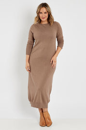 Model Jess wearing size L of the Cotton Cashmere Knit Dress in colour Timberwolf, from the front, showing the whole outfit
