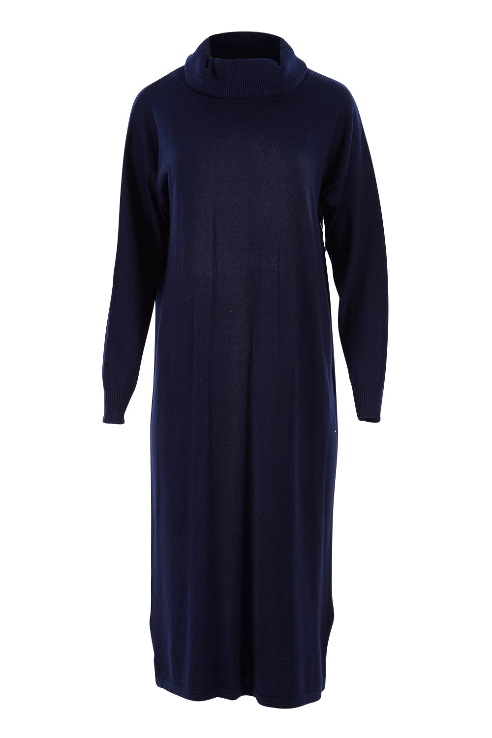 Product shot of the Cotton Cashmere Rolled Neck Knit Dress in colour Navy (Blue), from the front