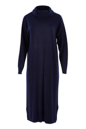 Product shot of the Cotton Cashmere Rolled Neck Knit Dress in colour Navy (Blue), from the front
