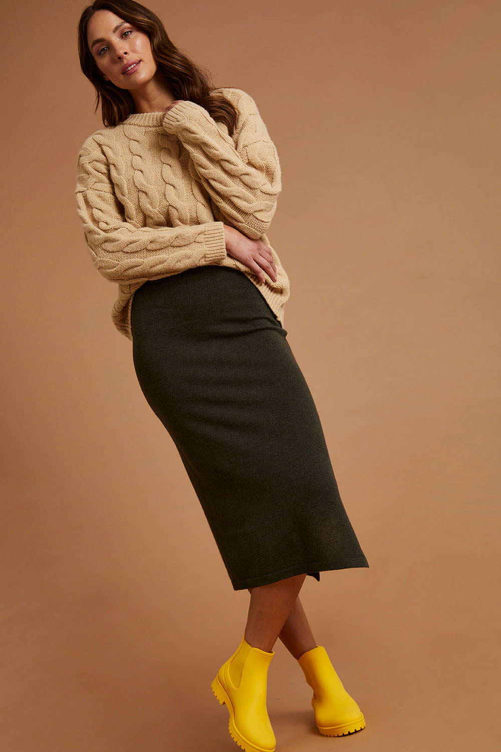 Preloved Wool Cashmere Midi Side Split Skirt - Ashgreen
