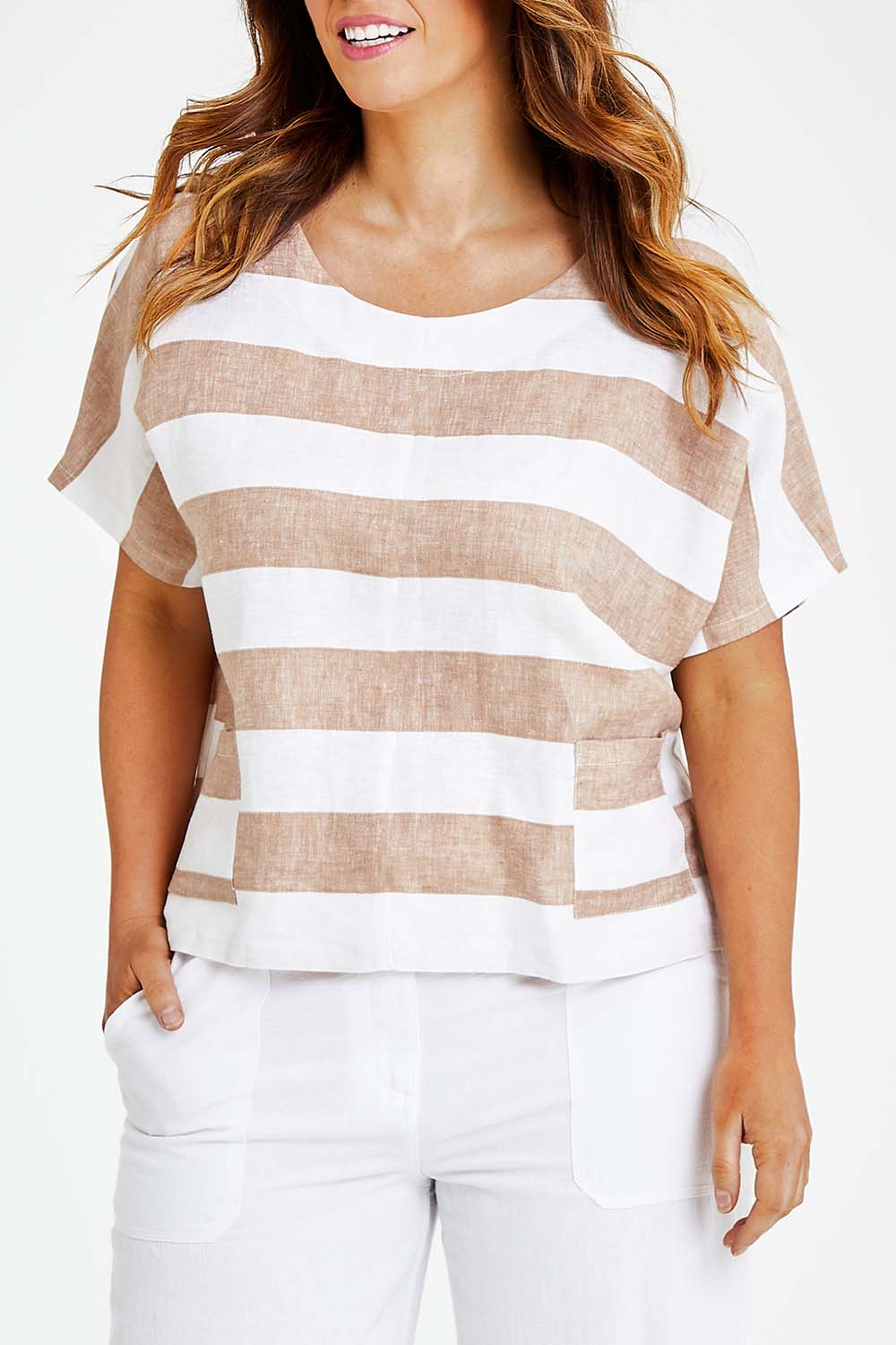 Model Laura wearing size 14 of the Linen Stripe Pocket Blouse in colour Caramel, from the front, cropped image