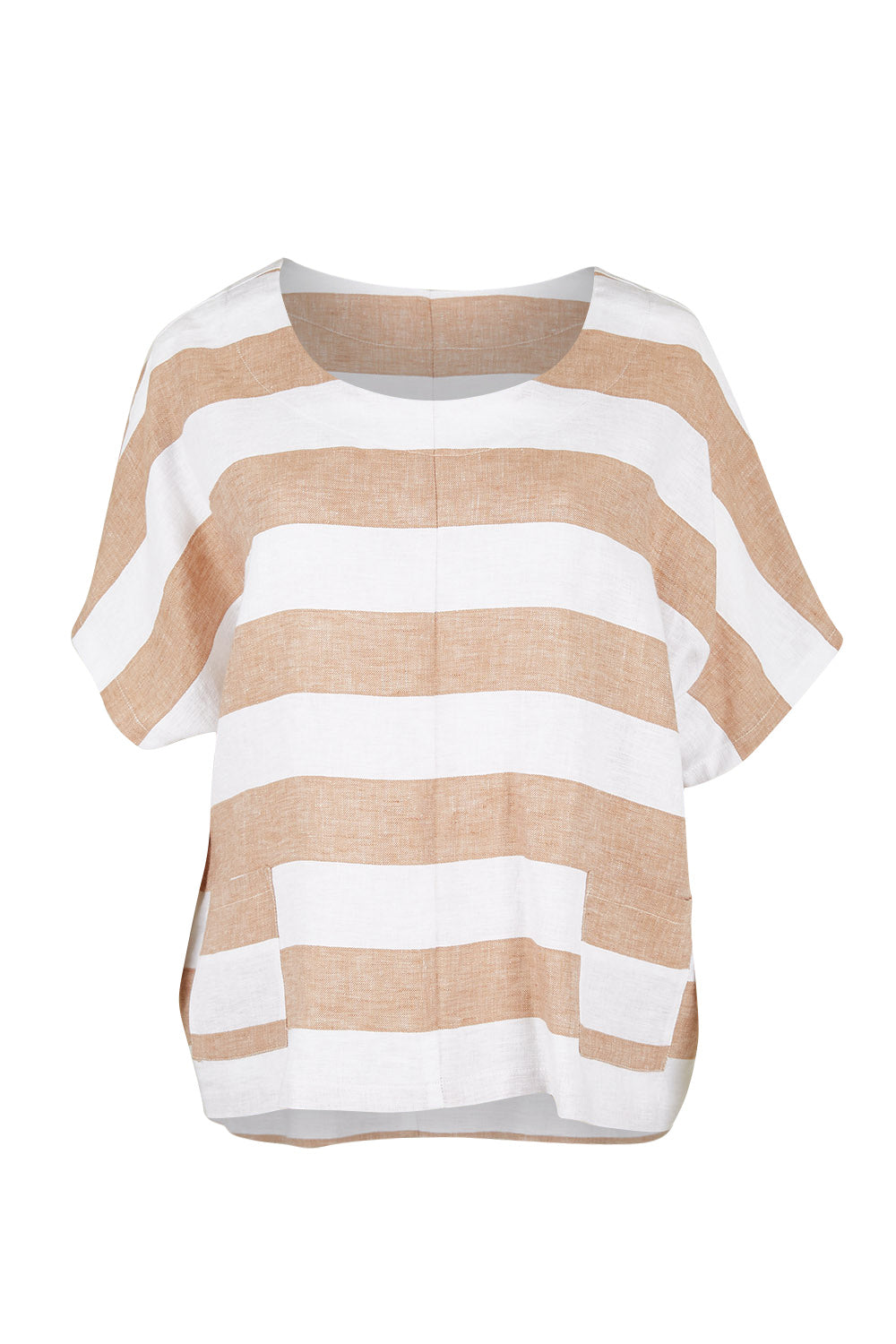 Product shot of the Linen Stripe Pocket Blouse in colour Caramel, from the front
