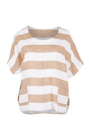 Product shot of the Linen Stripe Pocket Blouse in colour Caramel, from the front