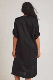 Model Terri-Leigh wearing size 14 of the Linen Cotton Summer Relaxed Dress in colour Black (Black), from the back