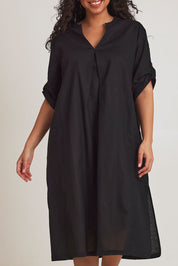 Model Terri-Leigh wearing size 14 of the Linen Cotton Summer Relaxed Dress in colour Black (Black), from the front, cropped image