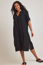 Model Terri-Leigh wearing size 14 of the Linen Cotton Summer Relaxed Dress in colour Black (Black), from the front, showing the whole outfit