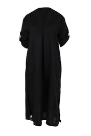 Product shot of the Linen Cotton Summer Relaxed Dress in colour Black (Black), detail